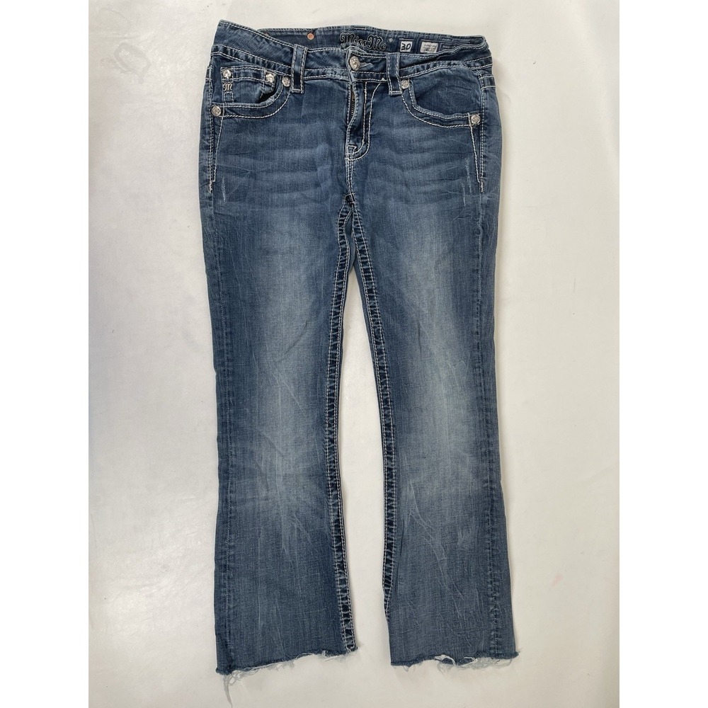 Miss Me Signature Boot Cut Black Patch Rhinestone‎ Jeans Womens Size 30 Blue